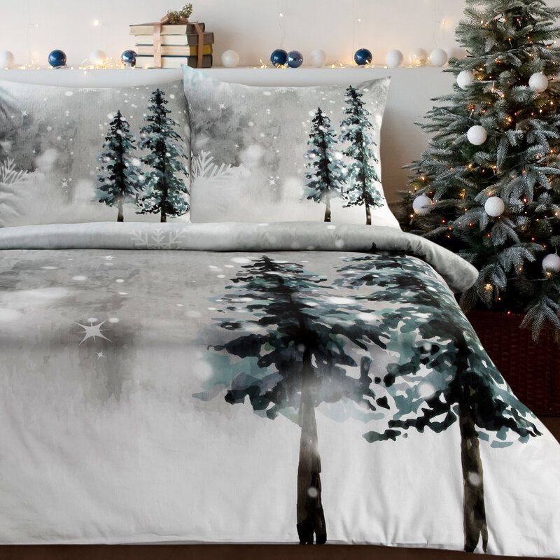 Świąteczny Komplet Pościeli Forest Jasnoszary